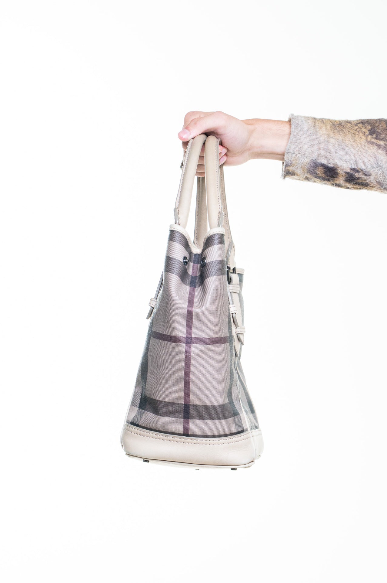 Beige Smoke Check Canvas Tote