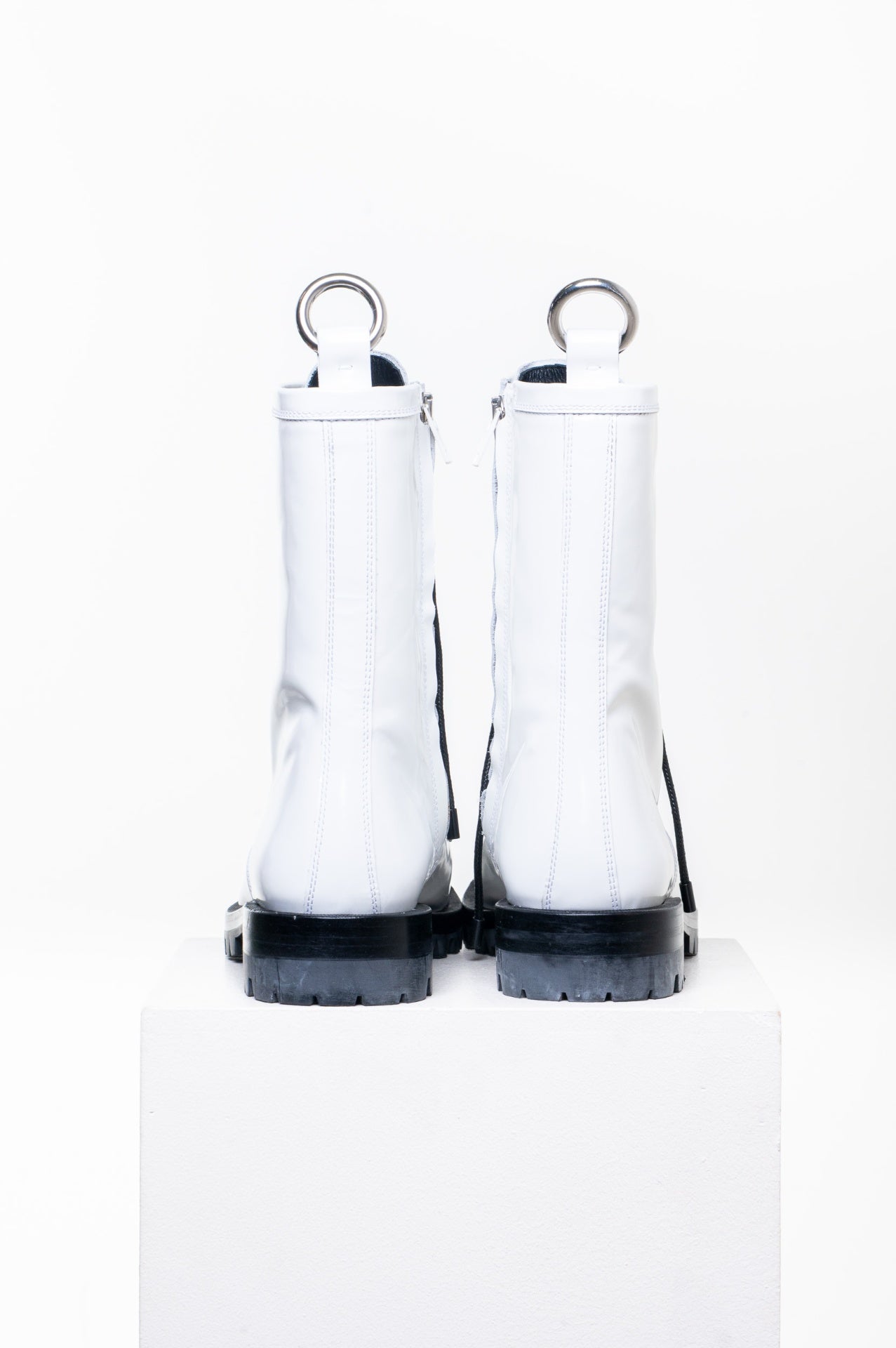 White Kennah Spazzolato Patent Leather Combat Boots with Metal detail
