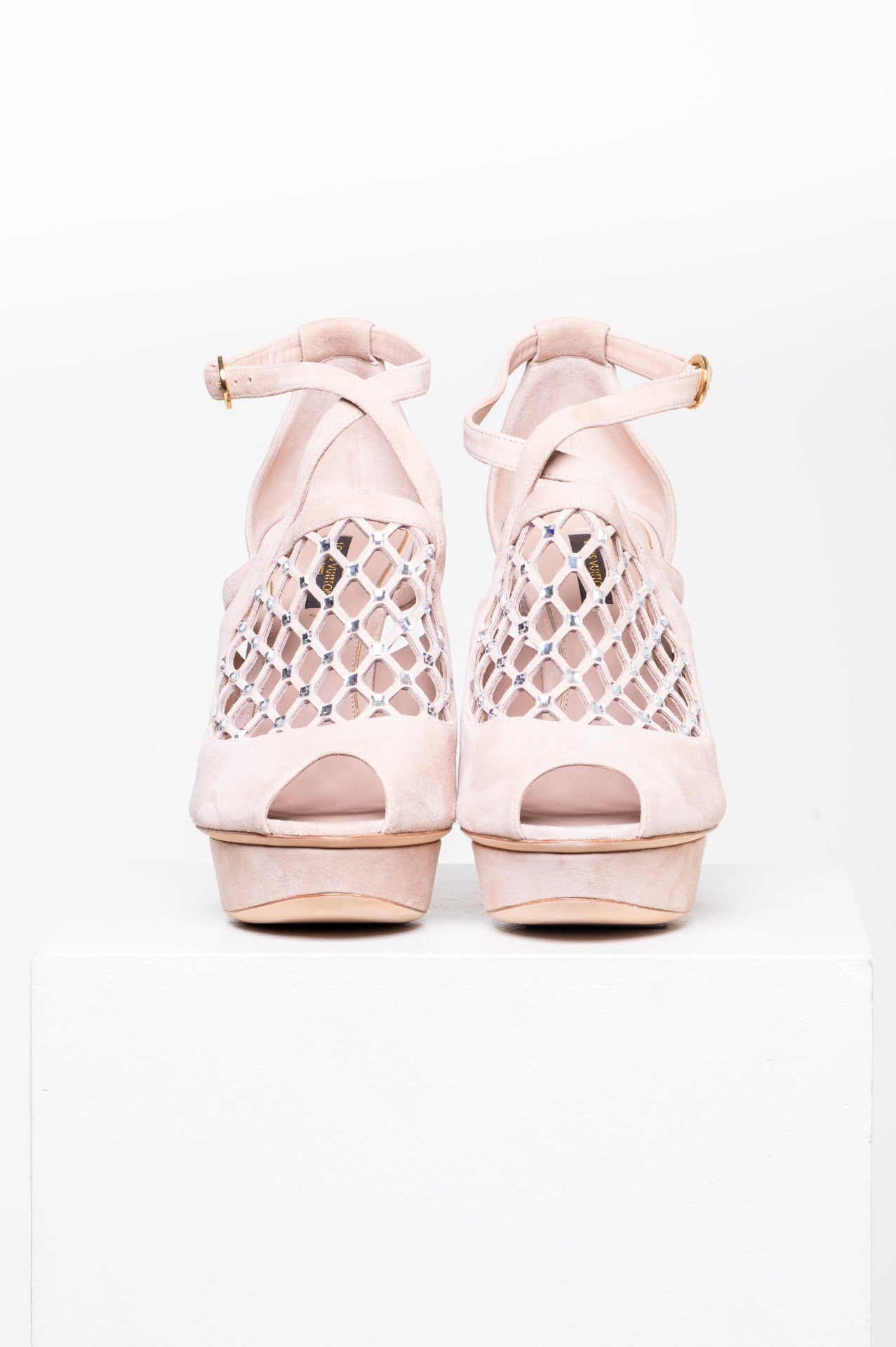 Beige Suede & Gemstone Cage Platform Sandal