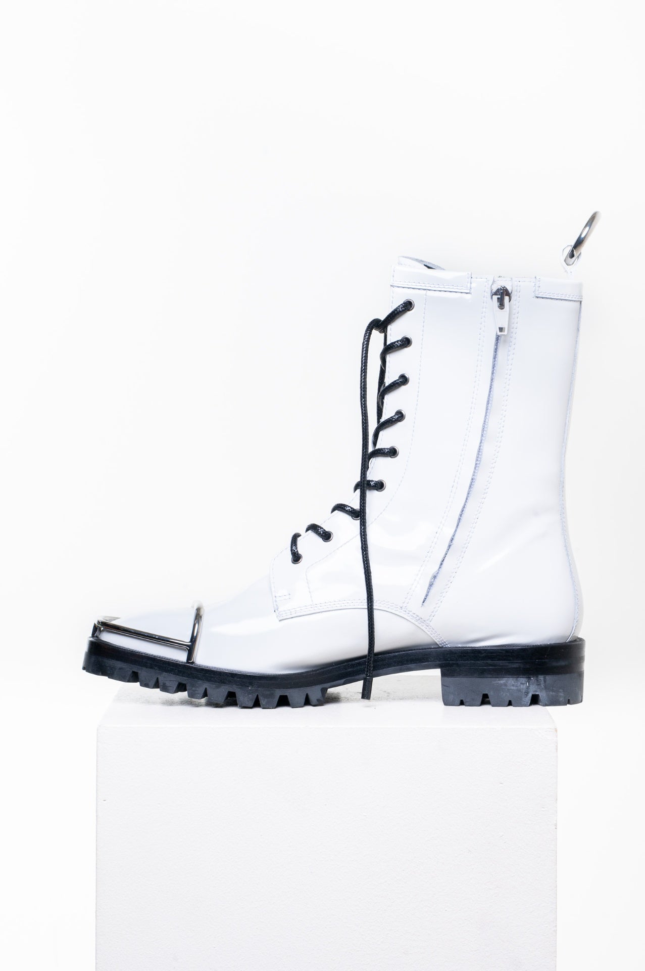 White Kennah Spazzolato Patent Leather Combat Boots with Metal detail