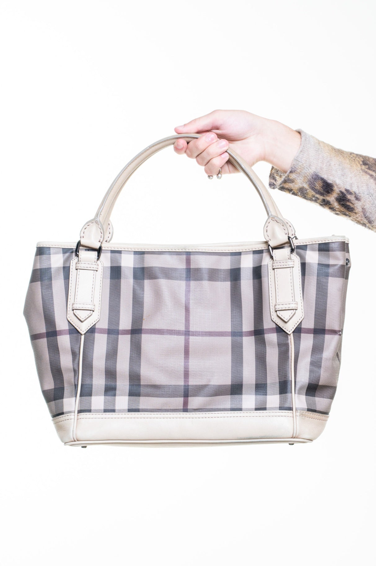 Beige Smoke Check Canvas Tote