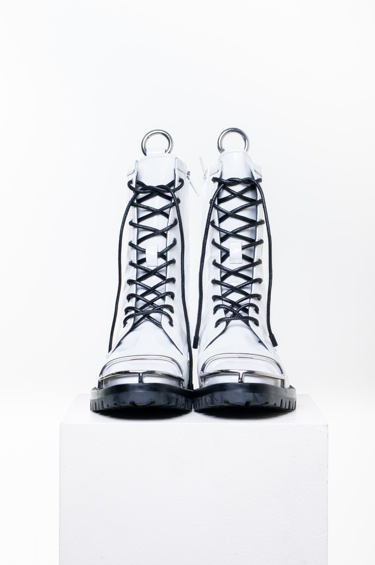 White Kennah Spazzolato Patent Leather Combat Boots with Metal detail