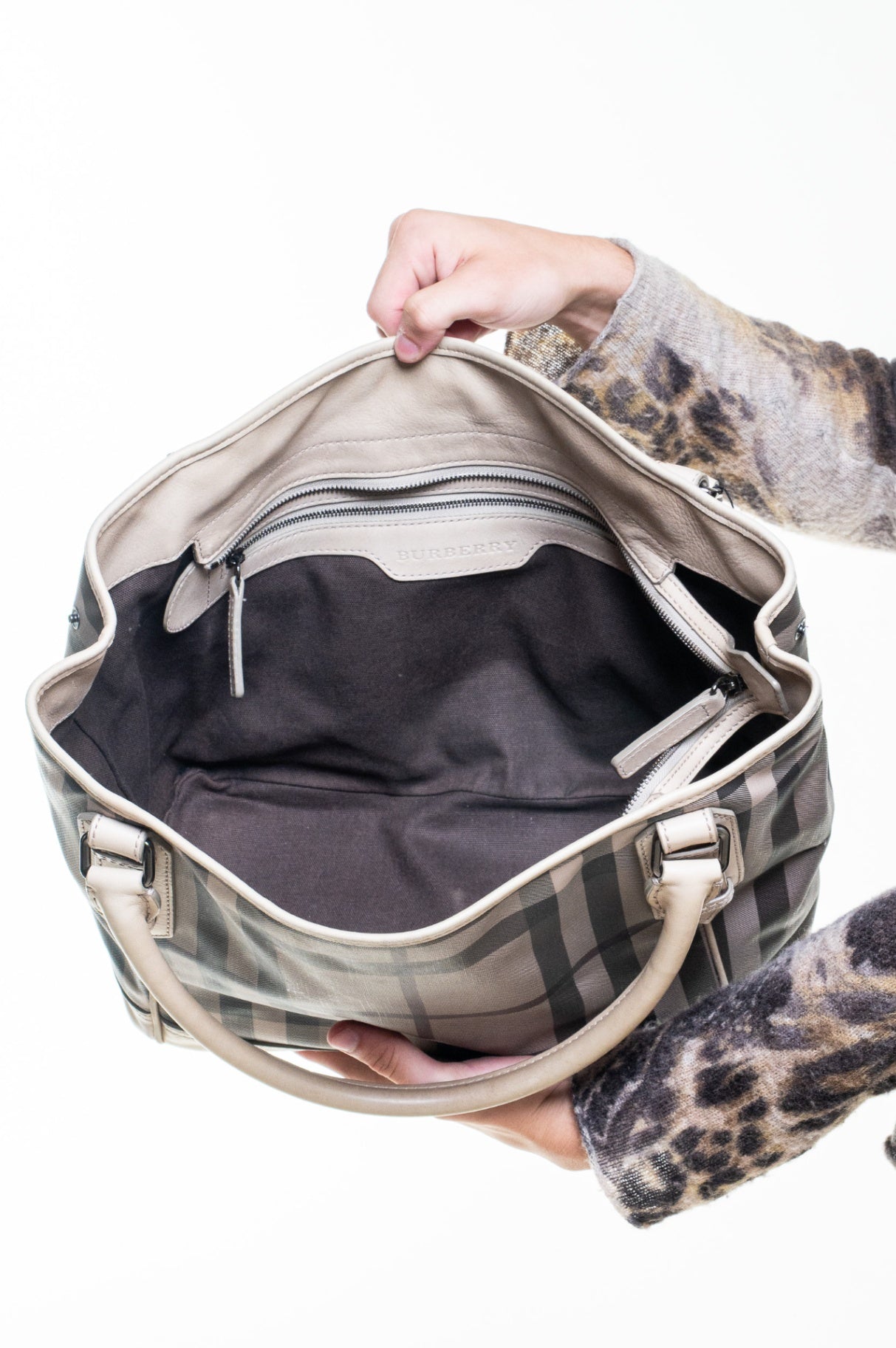 Beige Smoke Check Canvas Tote