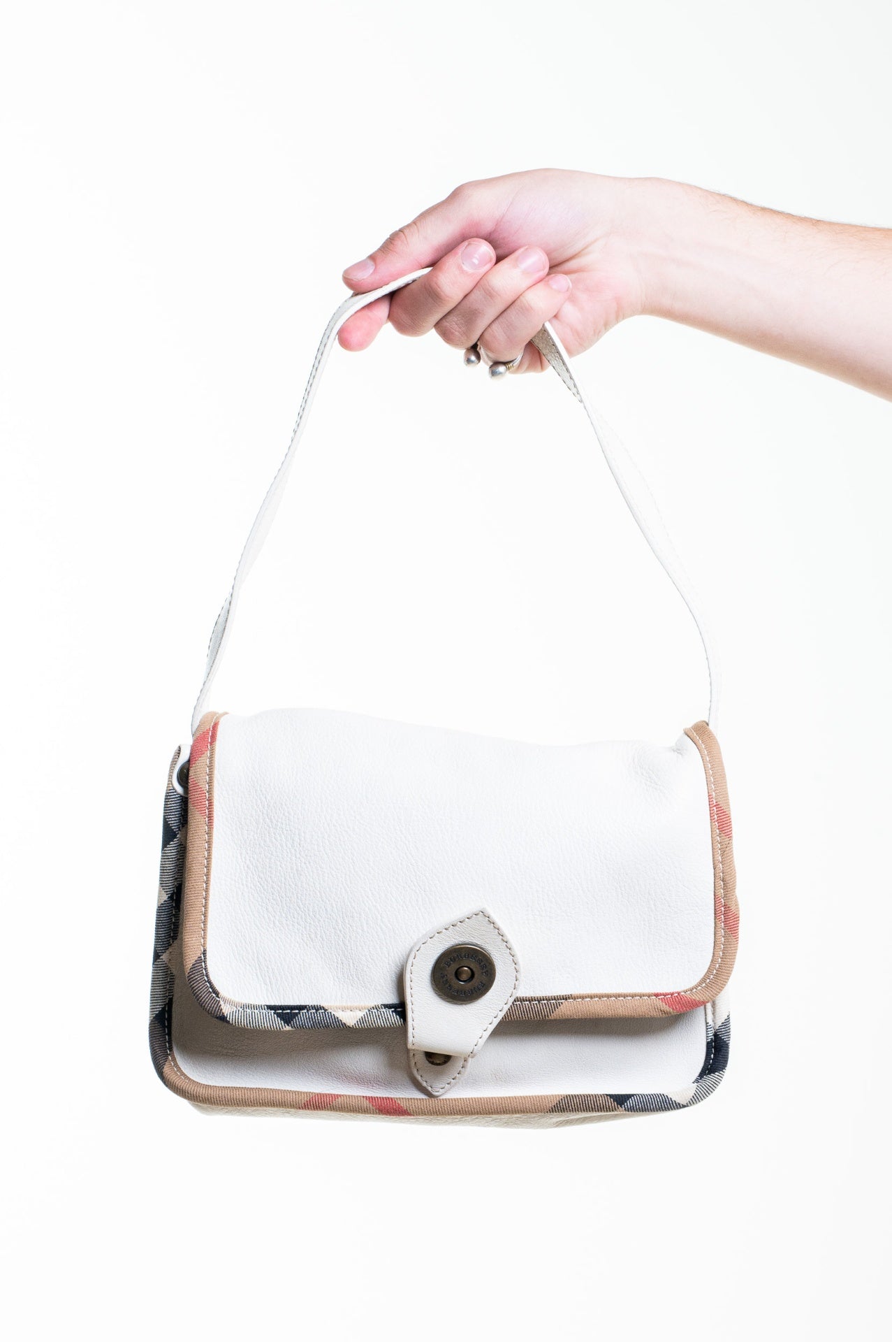 Vintage White Leather w/ Check Trim Shoulder Bg