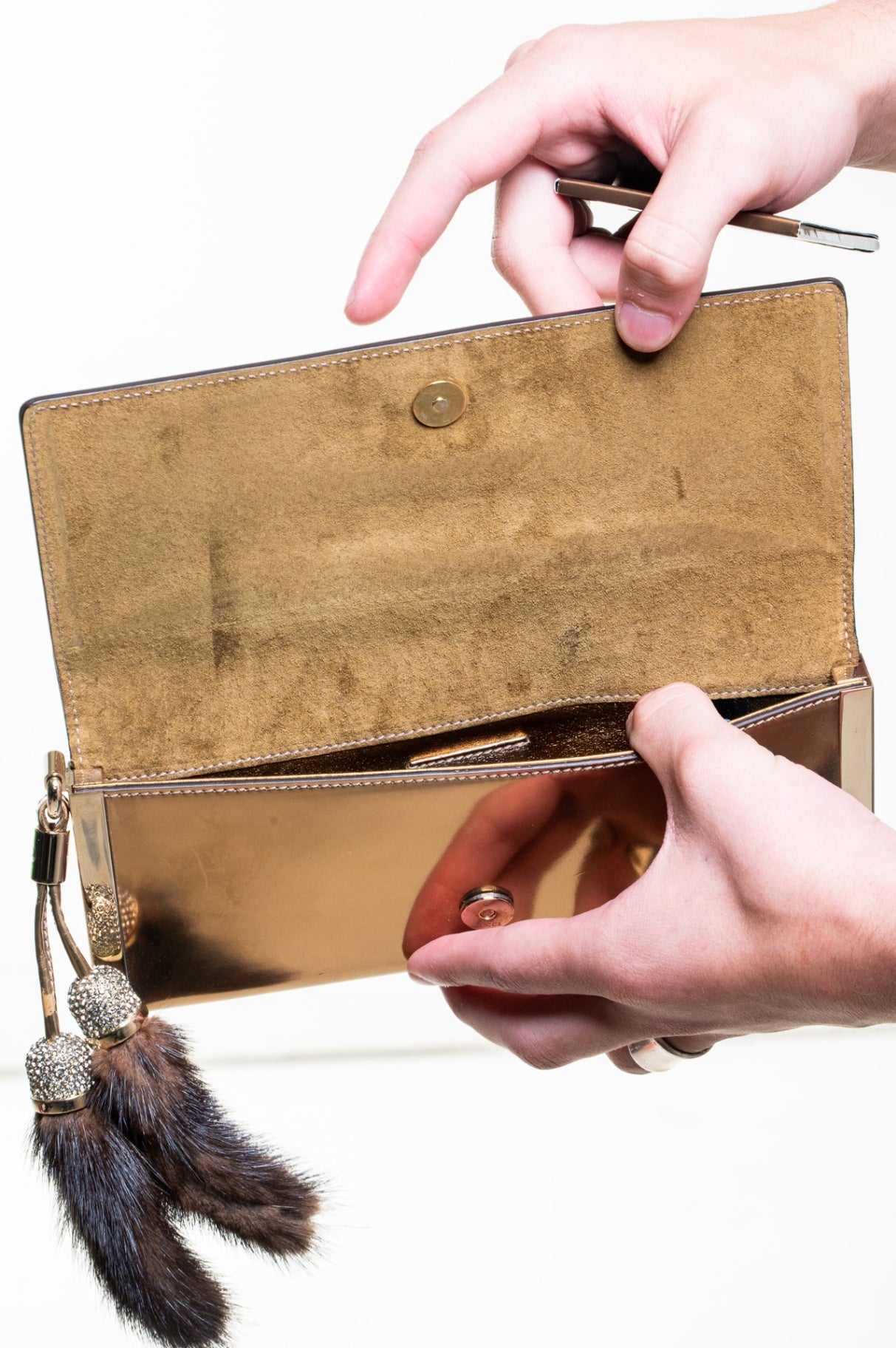 Gold Metallic Clutch w/ Mink Key Chain