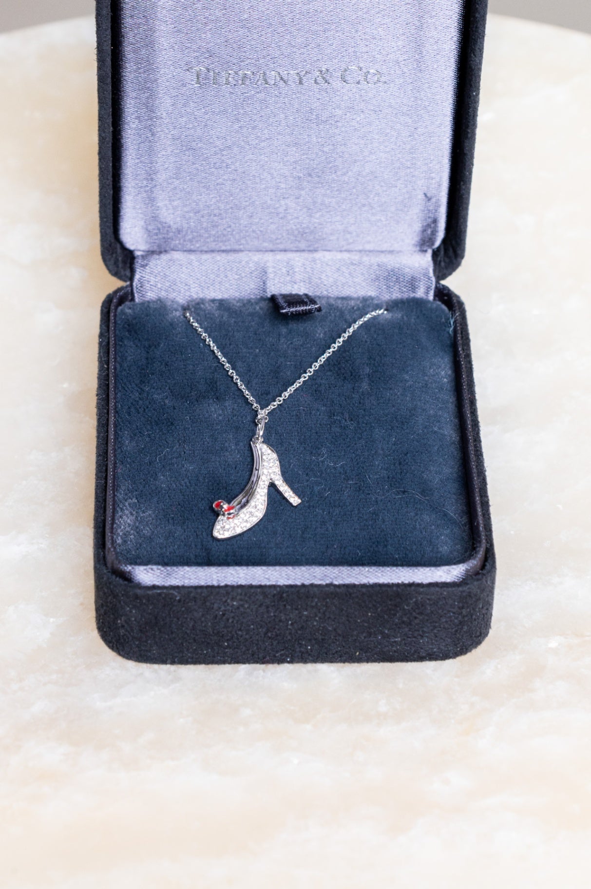 Diamond & Red Enamel Platinum 18K Heel Shoe Charm Necklace