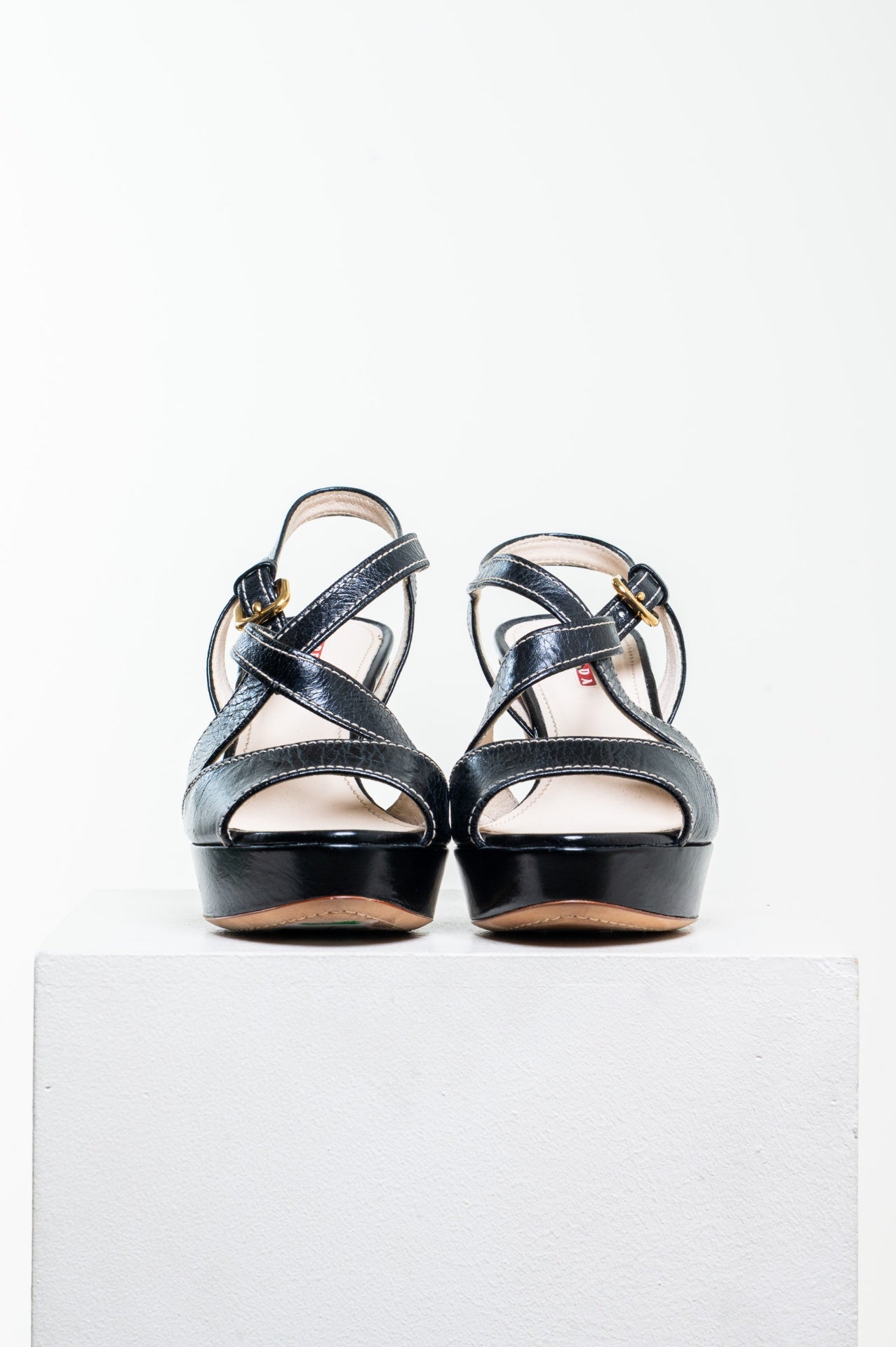 Vintage Black Wood Heel Ankle Wrap Sandal
