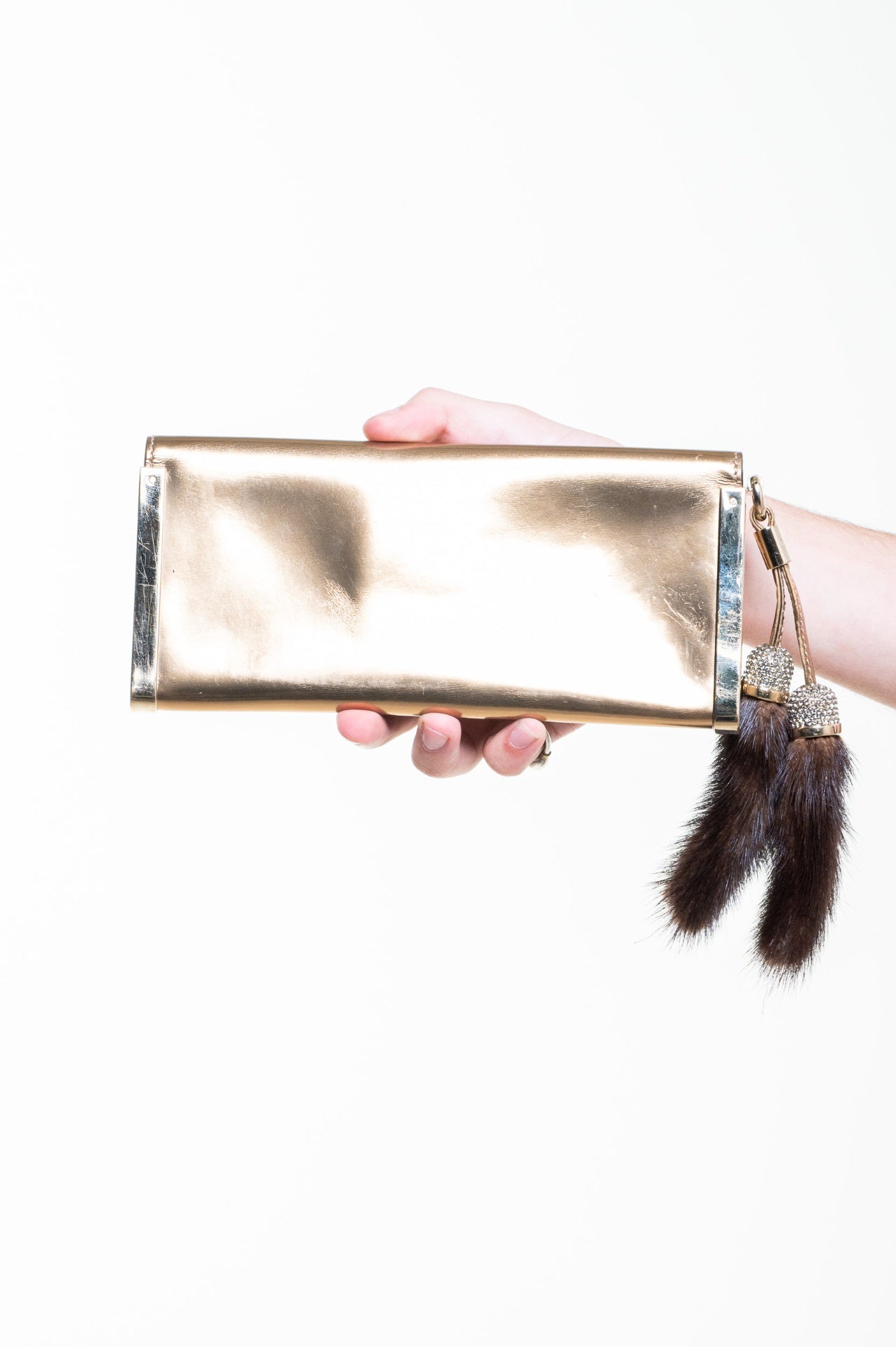 Gold Metallic Clutch w/ Mink Key Chain