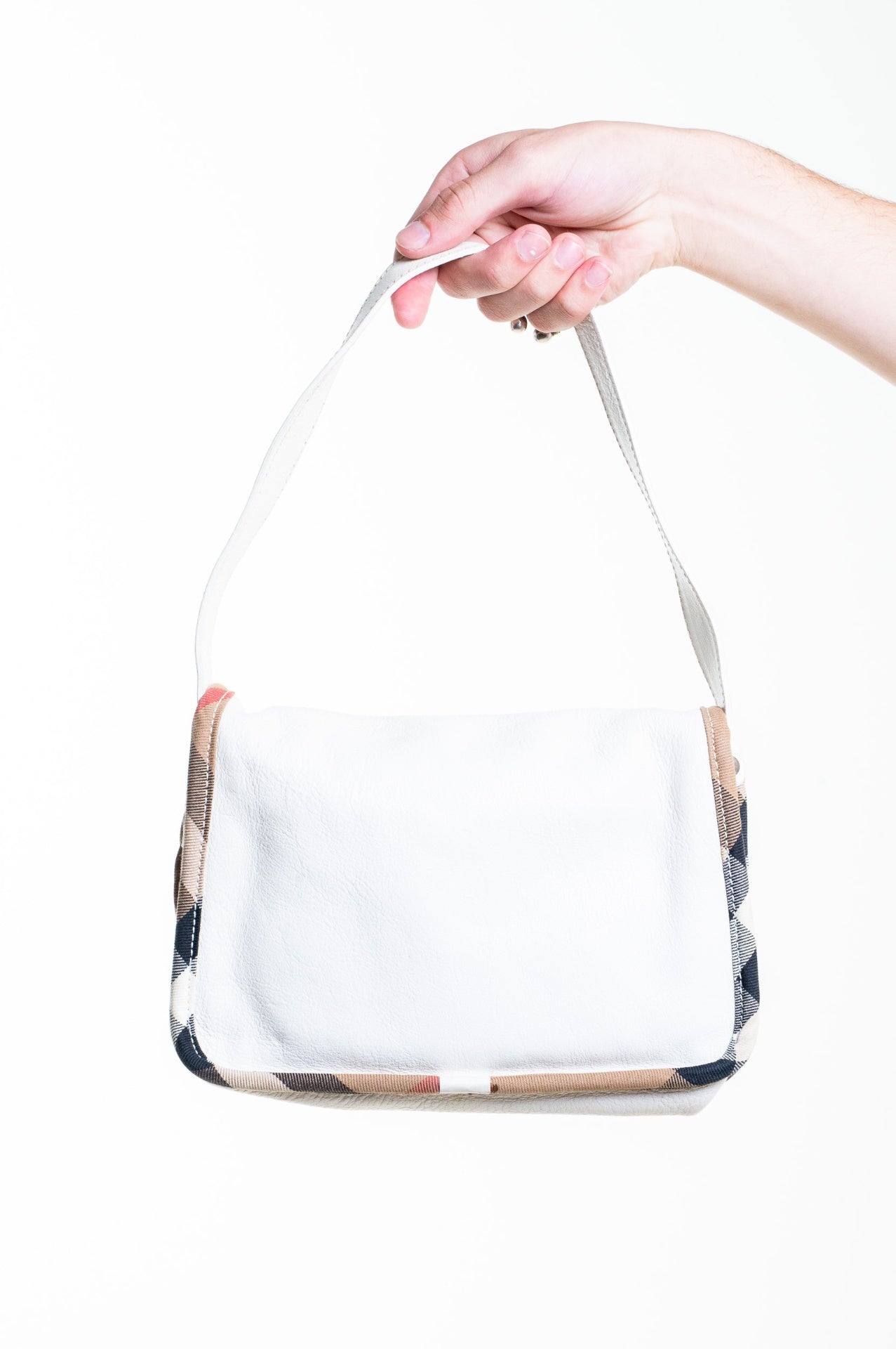 Vintage White Leather w/ Check Trim Shoulder Bg