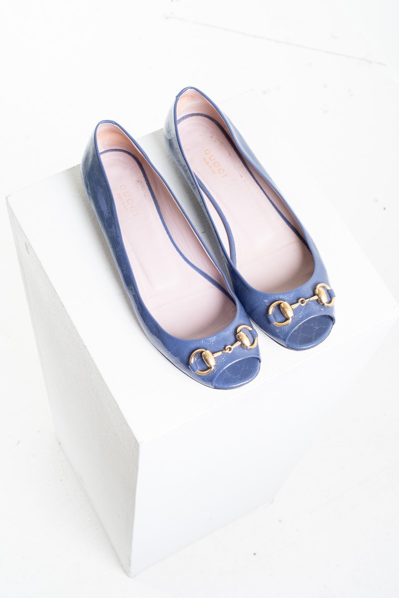 Cadet Grey Microguccissima Patent Jolene Peep Toe Ballet Flats