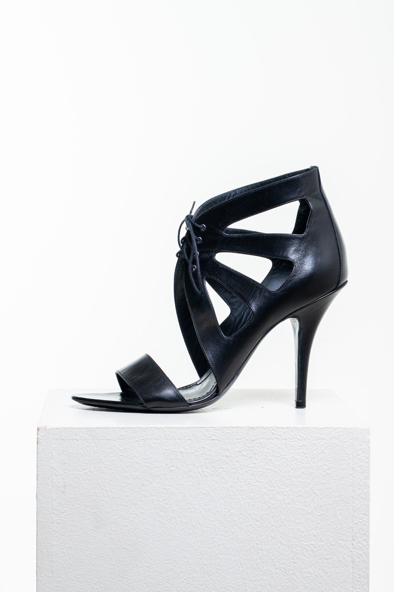 Black Leather Cage High Heel Sandal