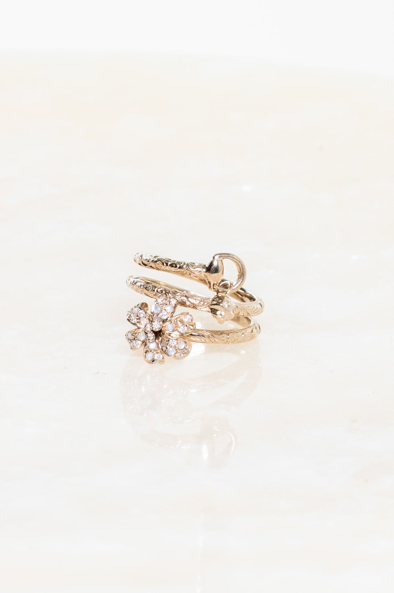 Flora Diamond Moonstone 18K Yellow Gold Textured Wrap Charm Ring