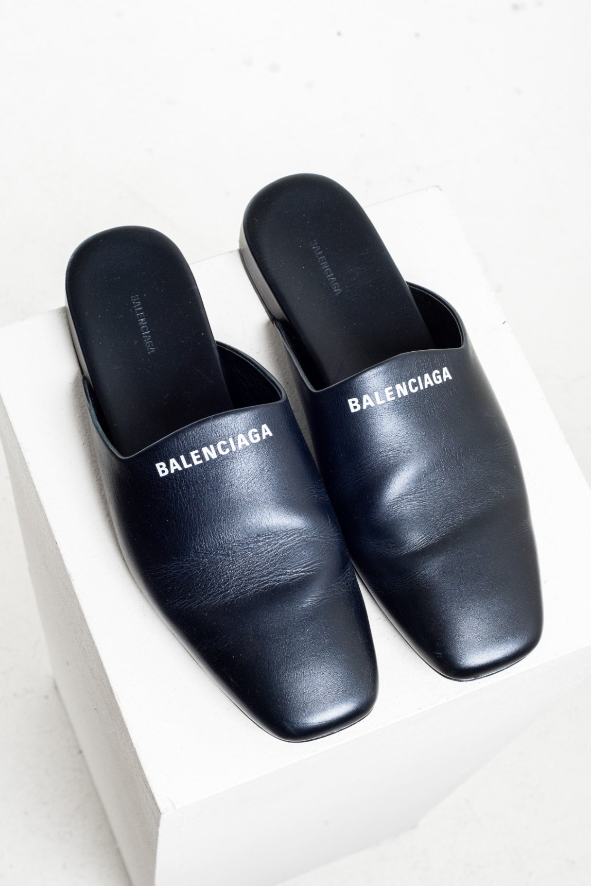 Black Leather Logo Mules