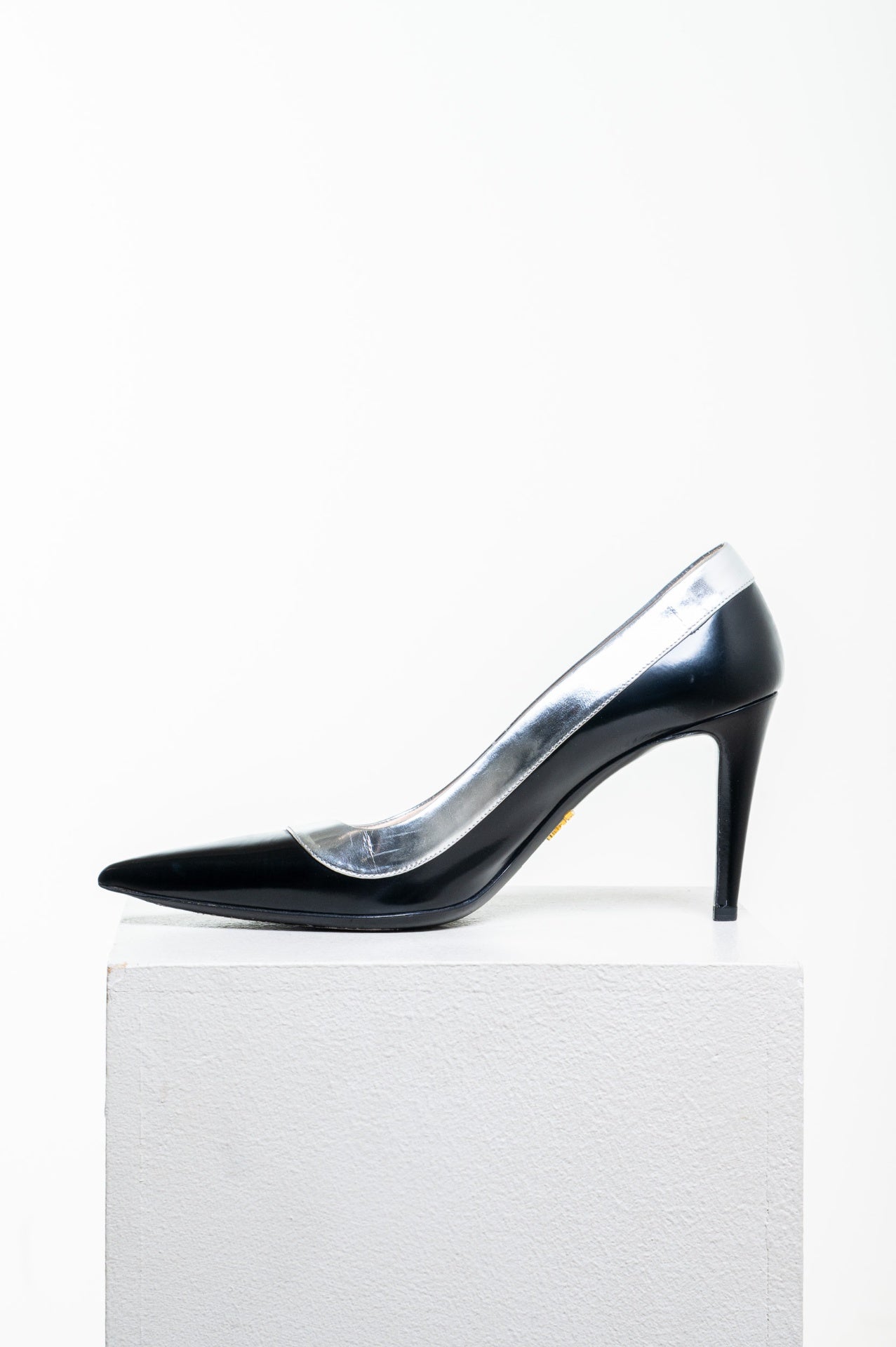 Black & Silver Camellia Accent Leather Pumps