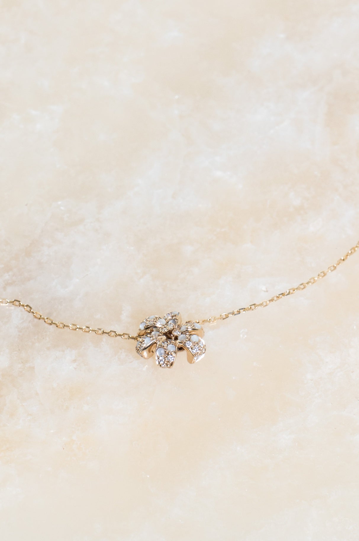 18K Mother of Pearl & Diamond Pendant Station Necklace
