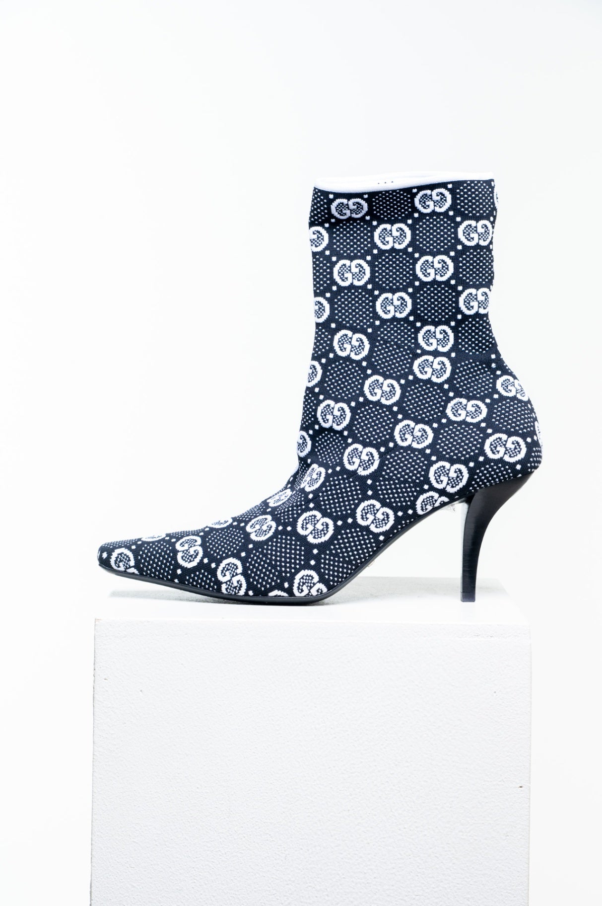 Black and white GG Knit Ankle Boots