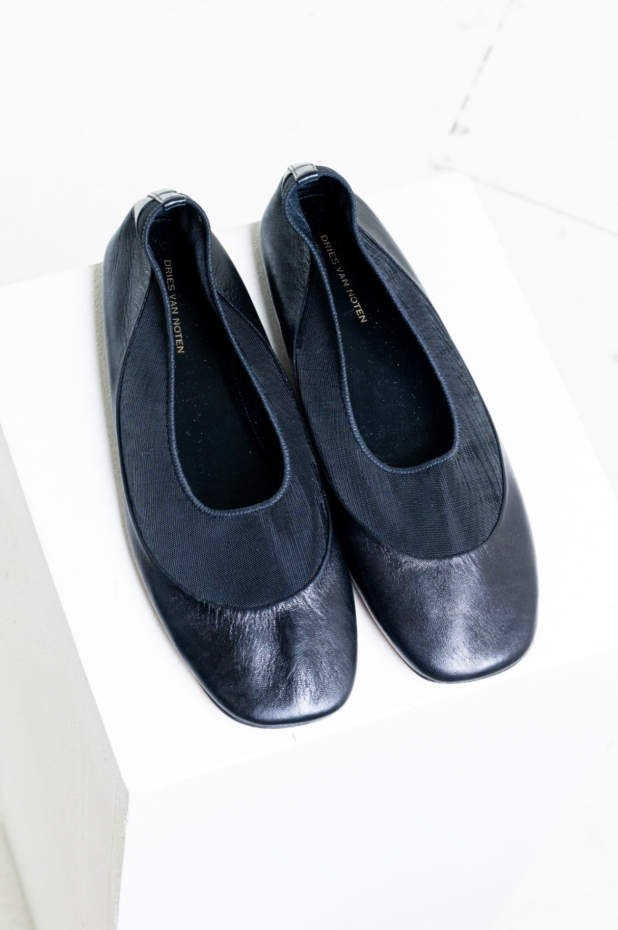 Black Glove Mesh and Leather Ballet Flats