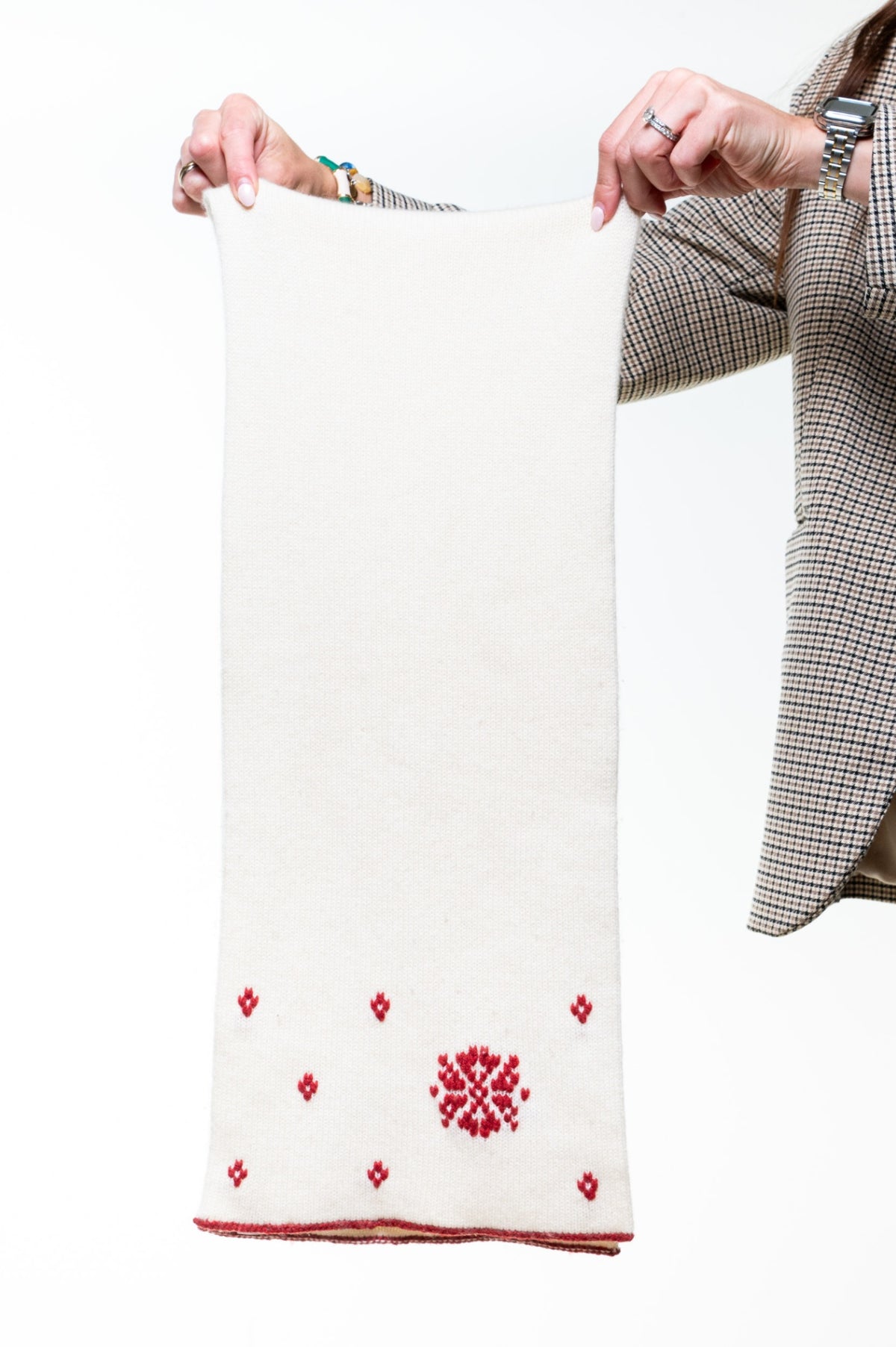 Cream with Red accents Knitted Scarf