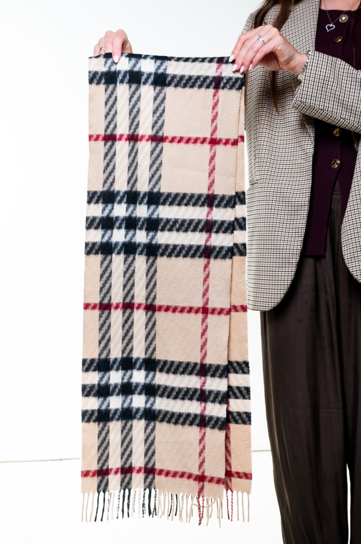 Beige, Black, Red Classic Check Fringed Scarf