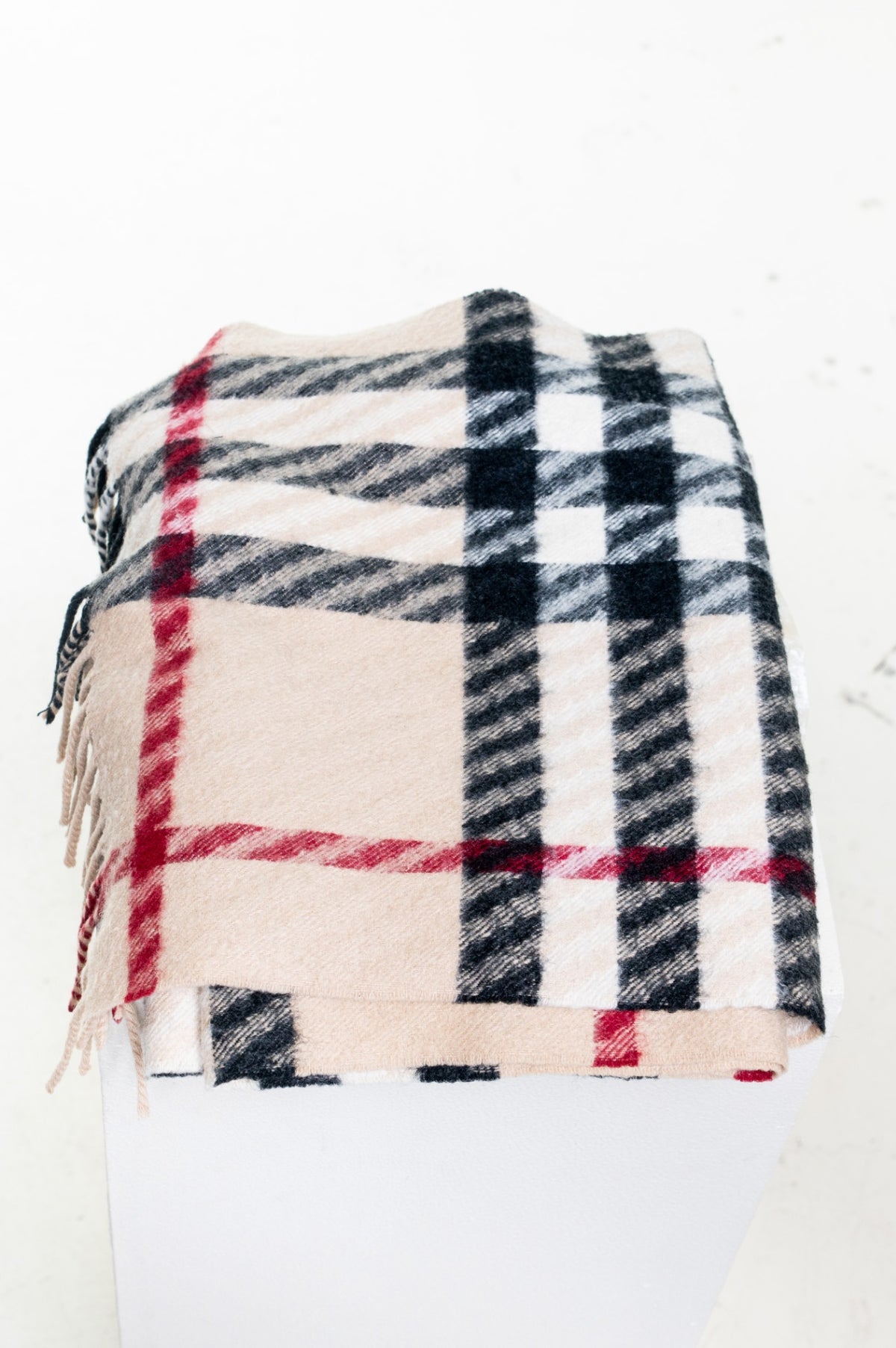 Beige, Black, Red Classic Check Fringed Scarf