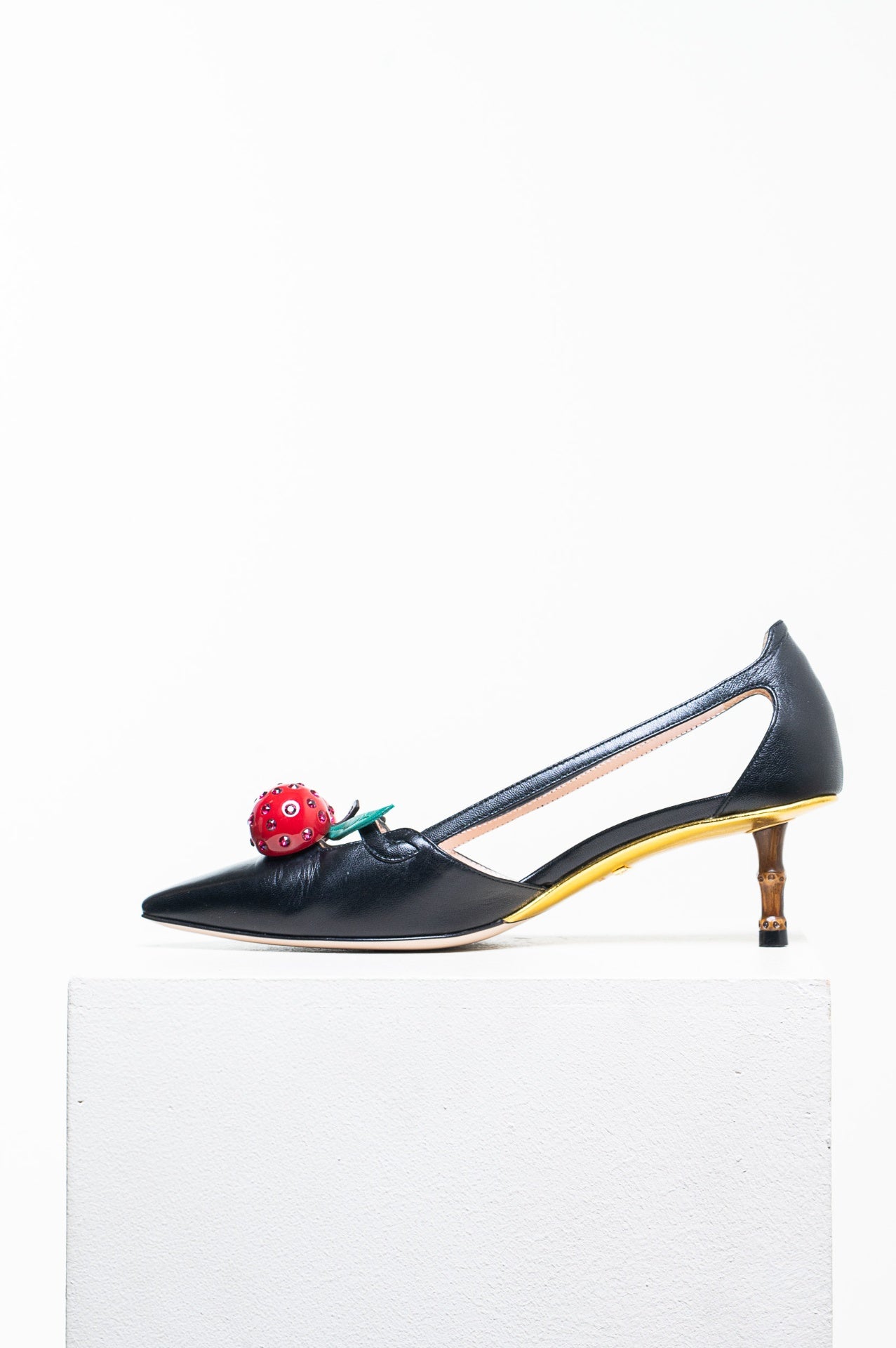 Black Unia Pump w/ Cherry Embellishment and Bamboo Heel