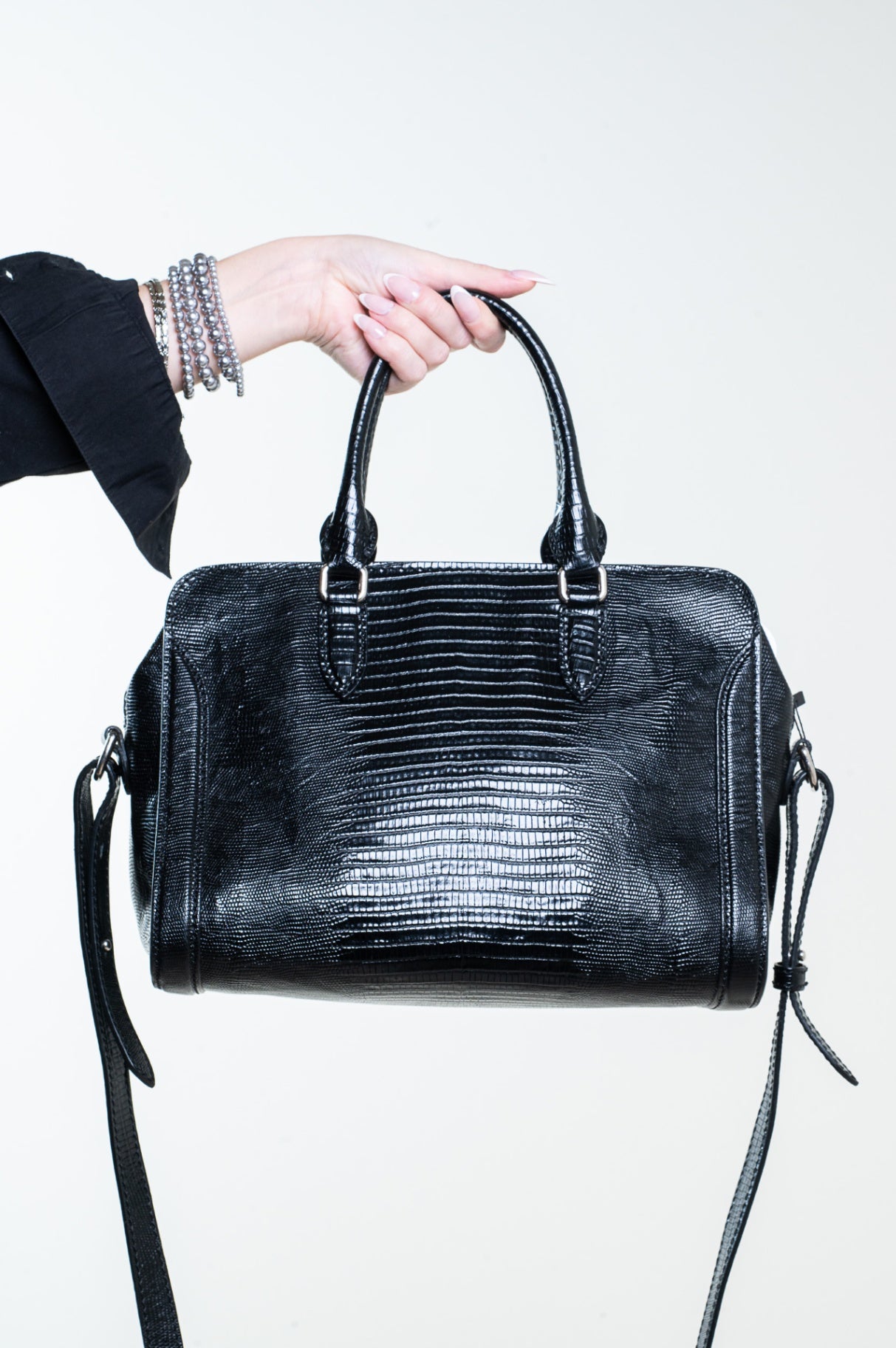 Black Small Lizard Embossed Padlock Bag