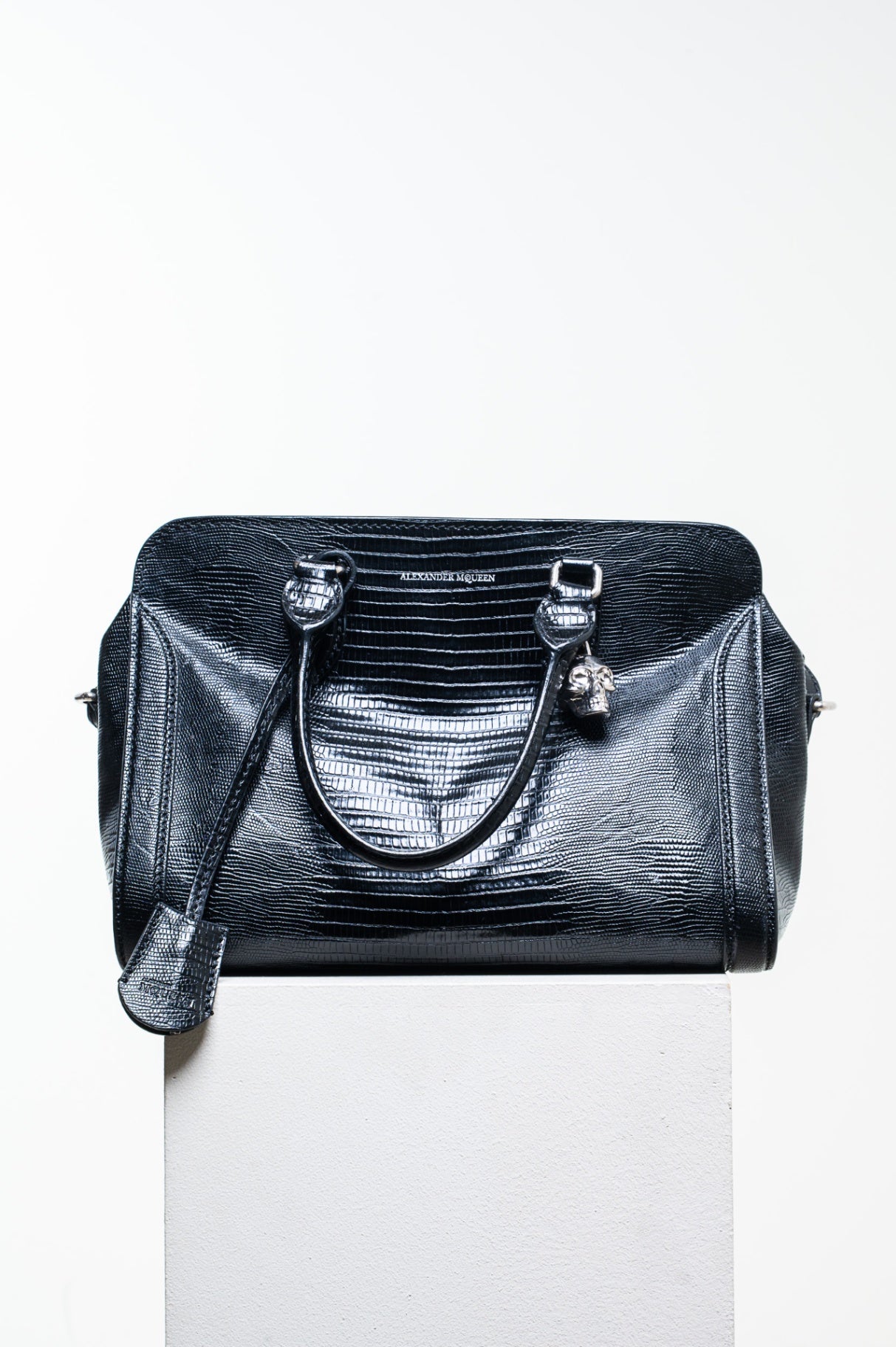 Black Small Lizard Embossed Padlock Bag