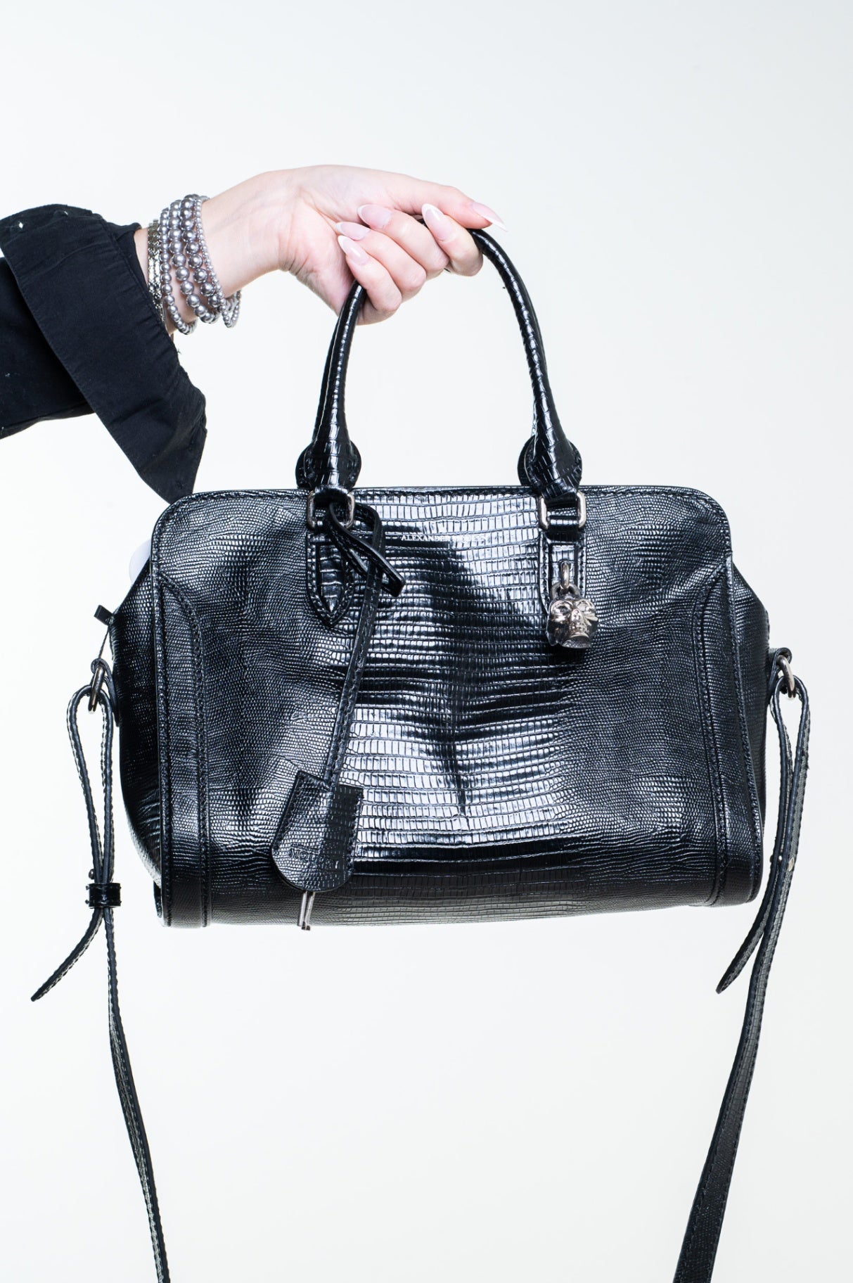 Black Small Lizard Embossed Padlock Bag