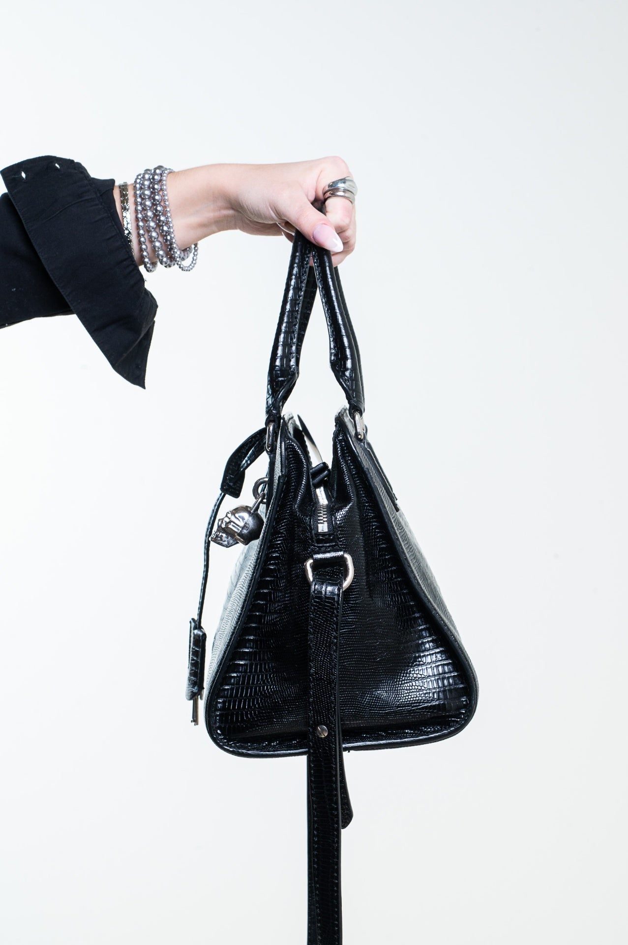Black Small Lizard Embossed Padlock Bag