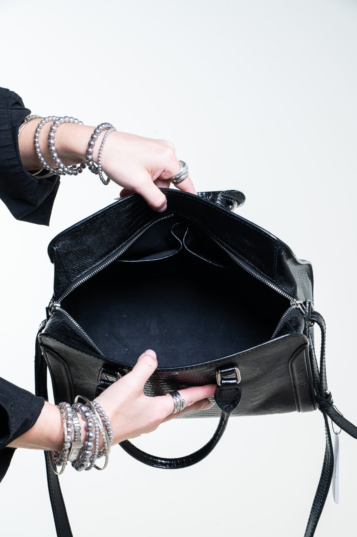 Black Small Lizard Embossed Padlock Bag