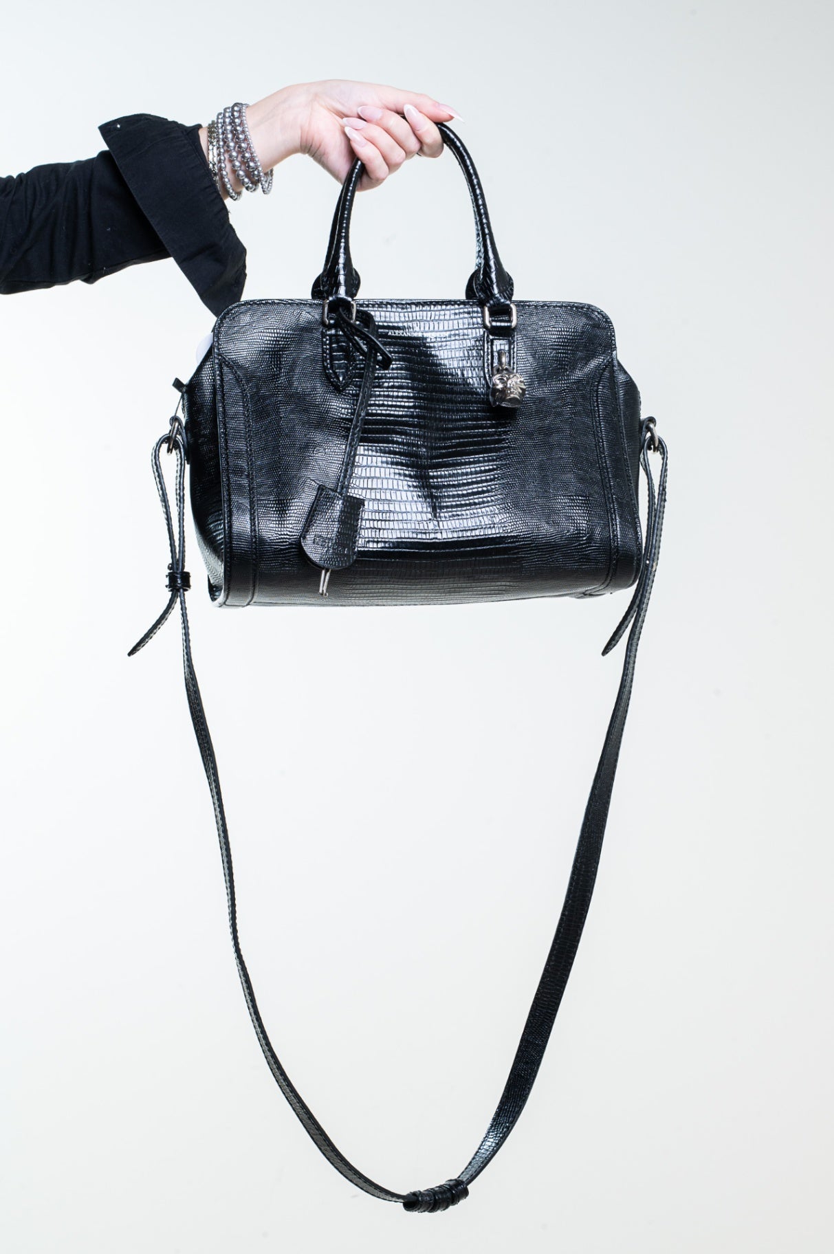 Black Small Lizard Embossed Padlock Bag