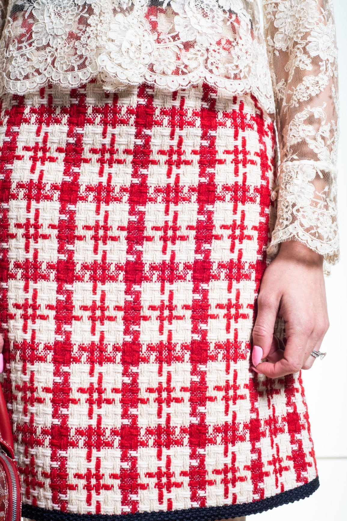Red Houndstooth Knit Knee Length Skirt