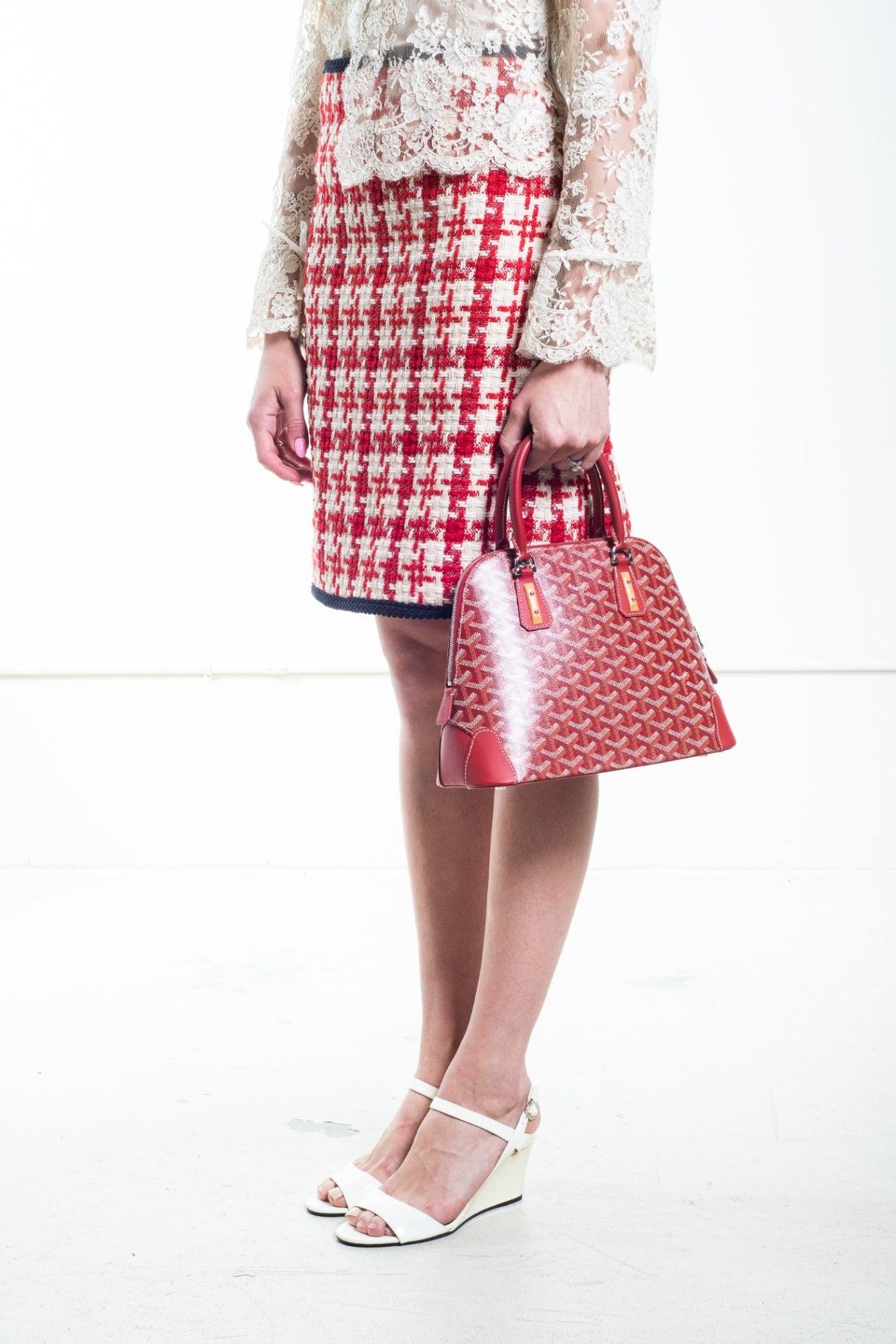 Red Houndstooth Knit Knee Length Skirt