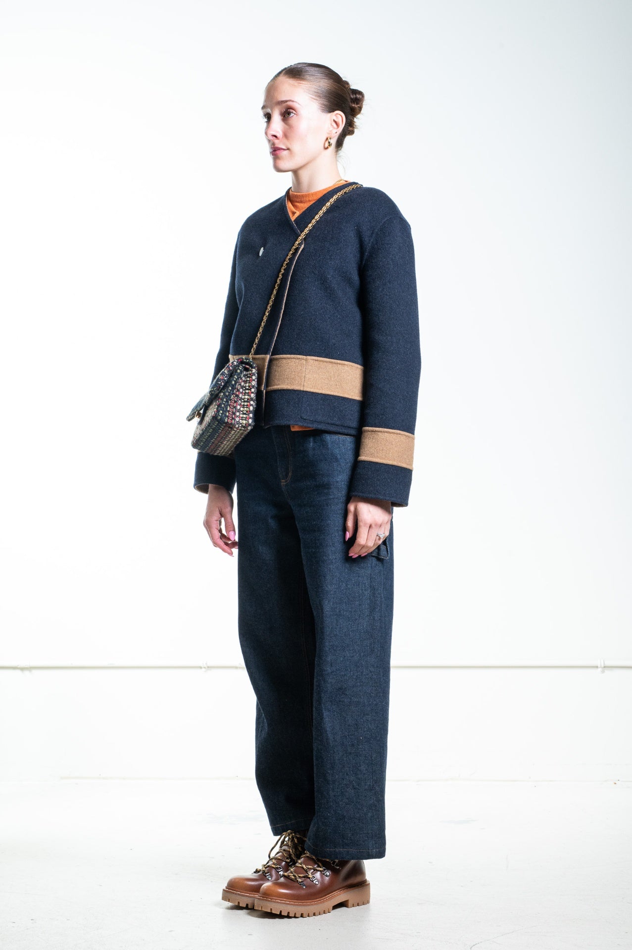 Navy Blue and Tan Cashmere Cropped Jacket