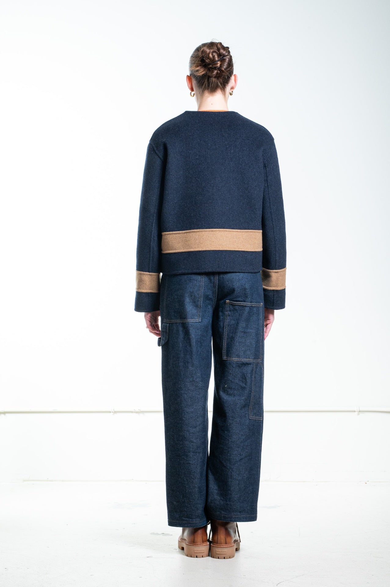 Navy Blue and Tan Cashmere Cropped Jacket