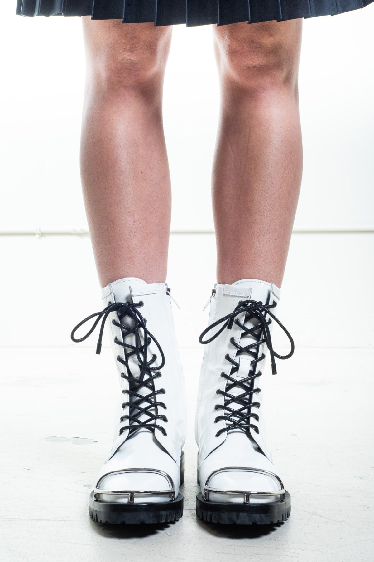 White Kennah Spazzolato Patent Leather Combat Boots with Metal detail