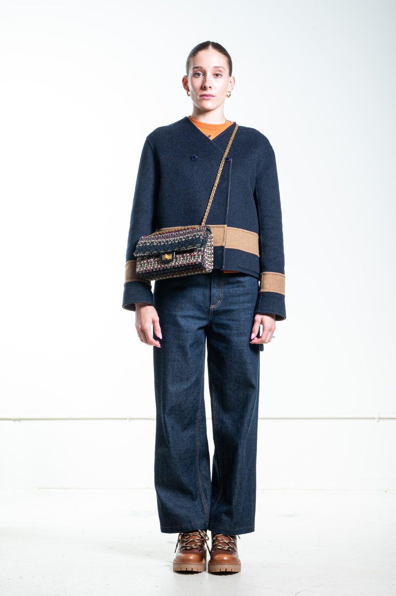Navy Blue and Tan Cashmere Cropped Jacket
