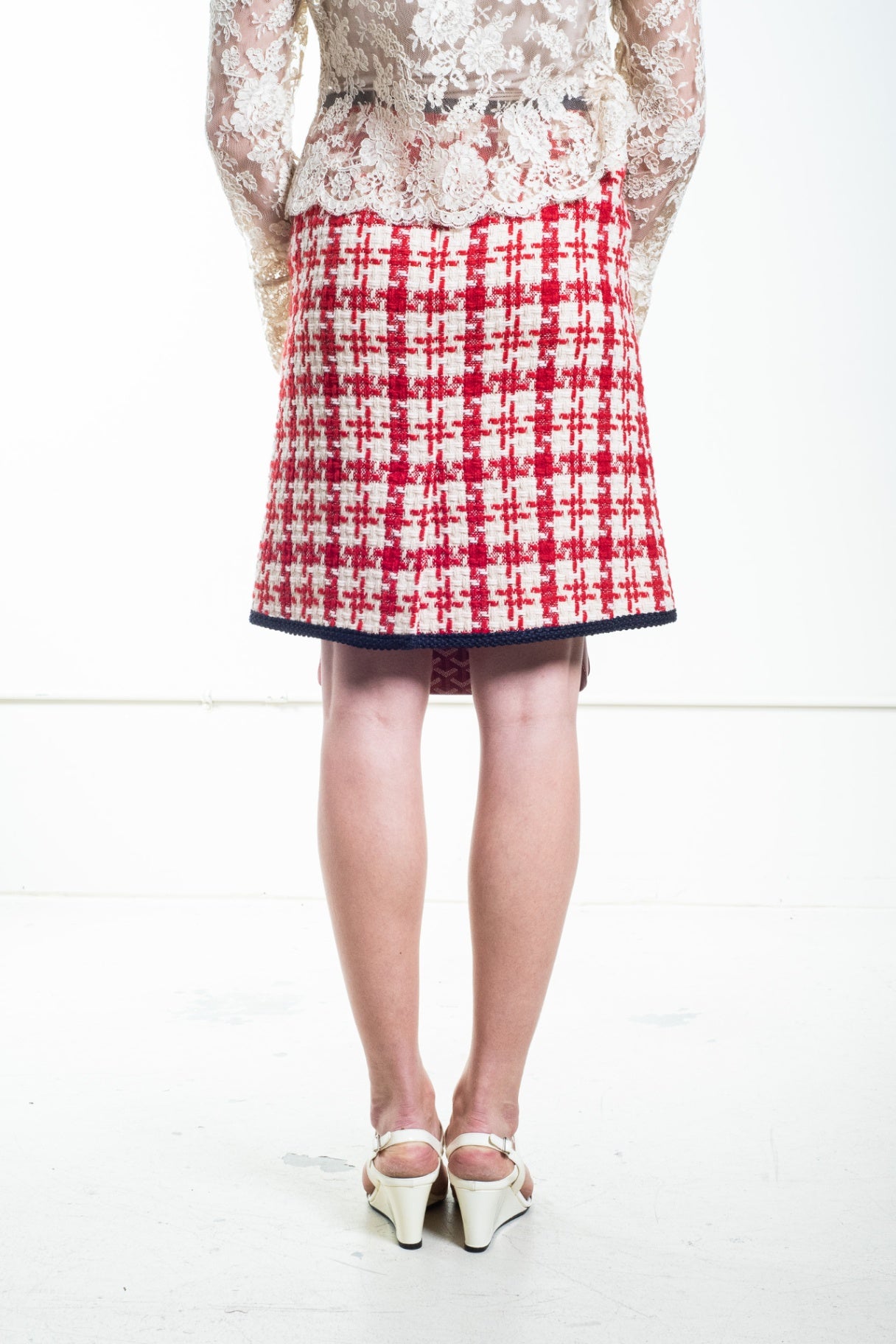 Red Houndstooth Knit Knee Length Skirt