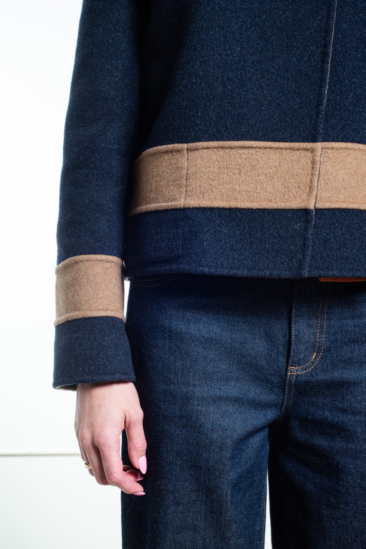 Navy Blue and Tan Cashmere Cropped Jacket
