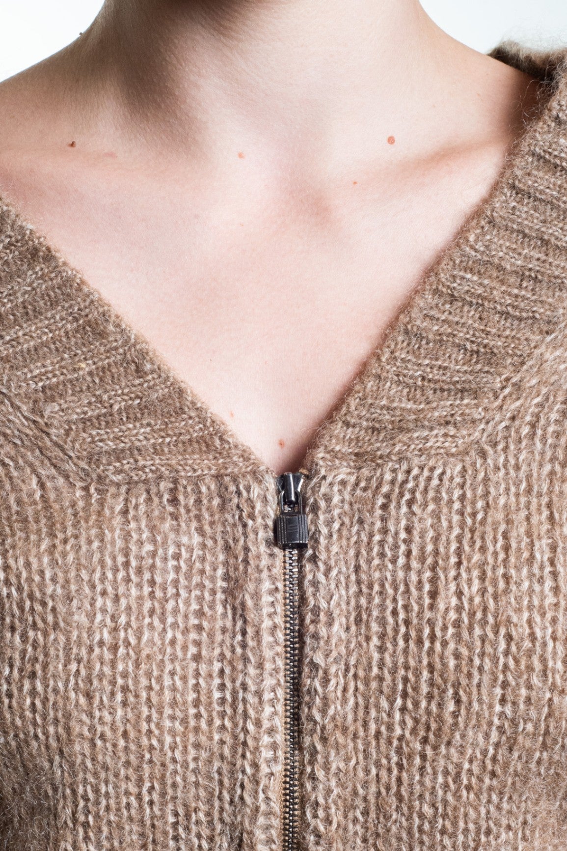 Camel Mohair Zip Up Sweater