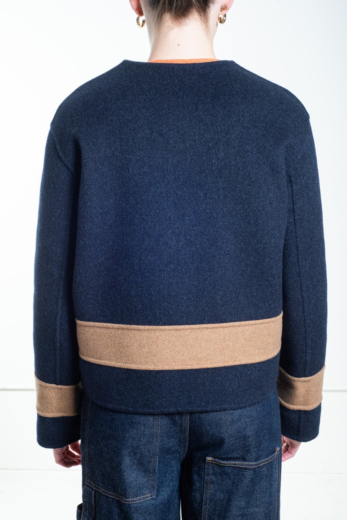 Navy Blue and Tan Cashmere Cropped Jacket