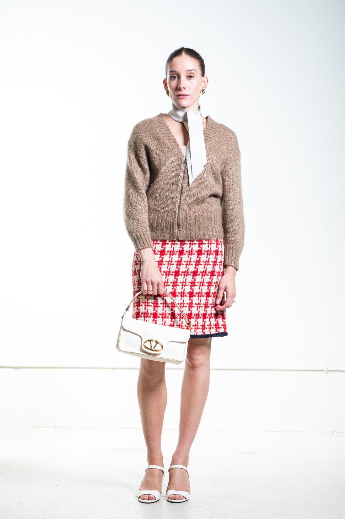 Red Houndstooth Knit Knee Length Skirt