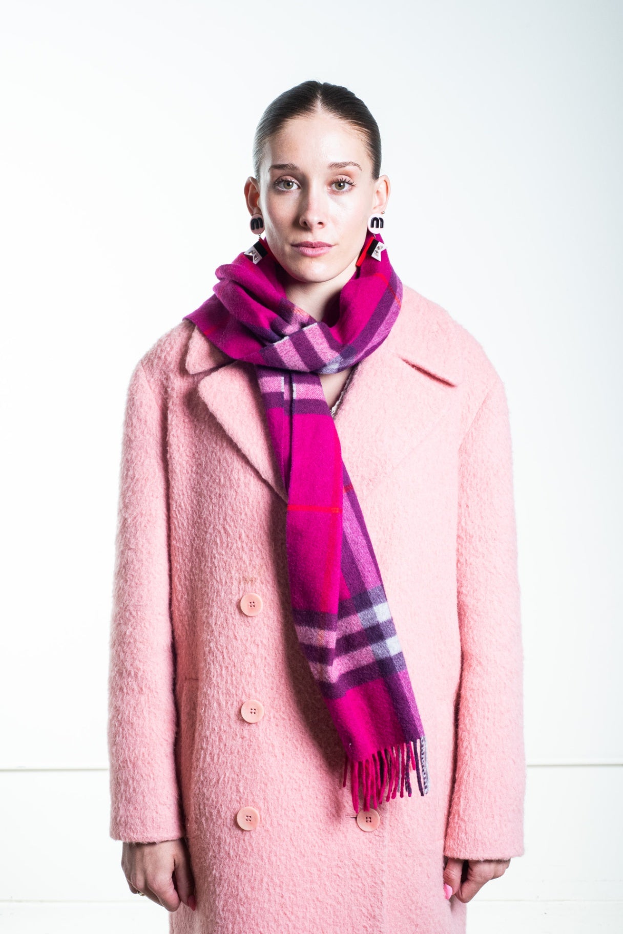 Pink Checked Fringed Edge Scarf