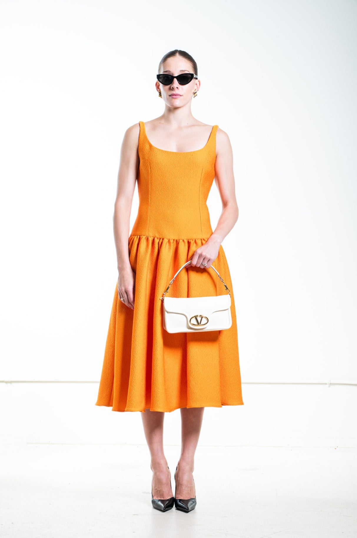 Orange Textured Drop Wait Midi Dress