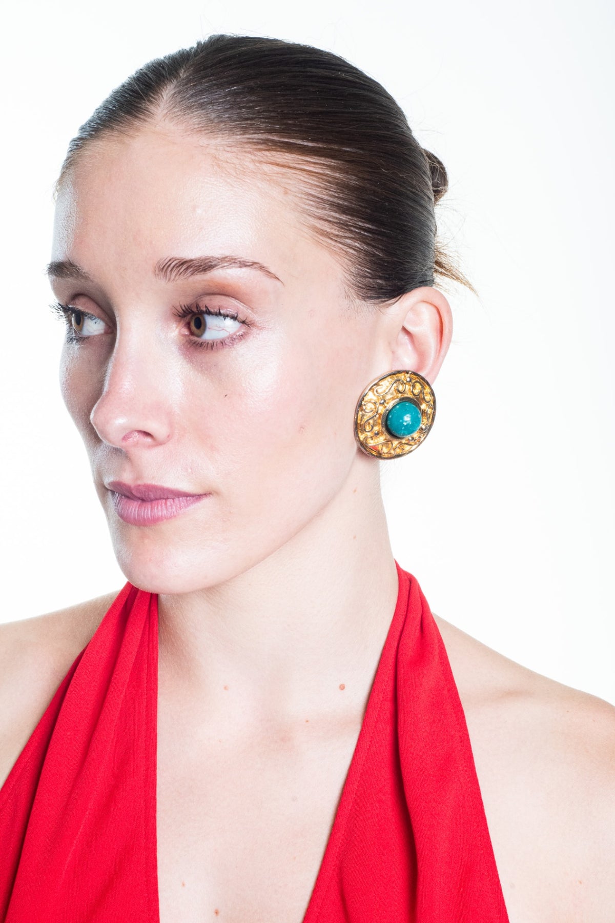 Gold Vintage Clip Earrings with Turquoise Resin Cabochons