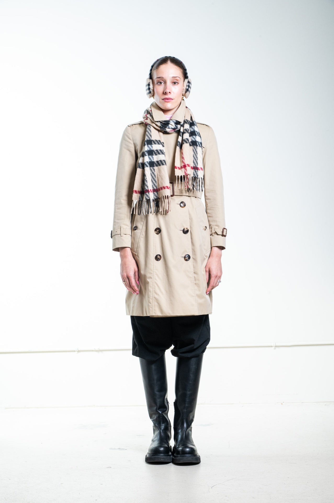 Beige, Black, Red Classic Check Earmuffs