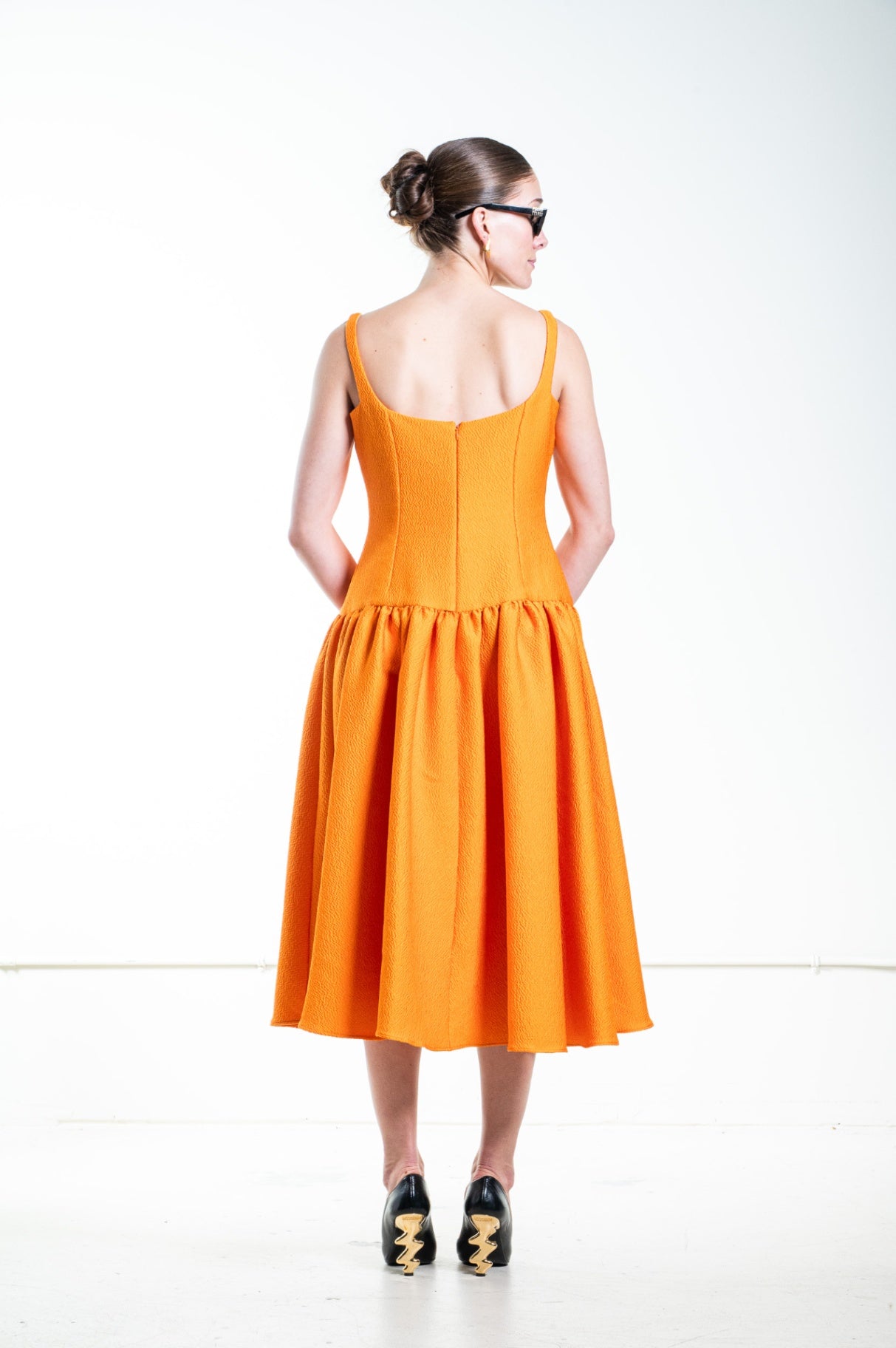 Orange Textured Drop Wait Midi Dress