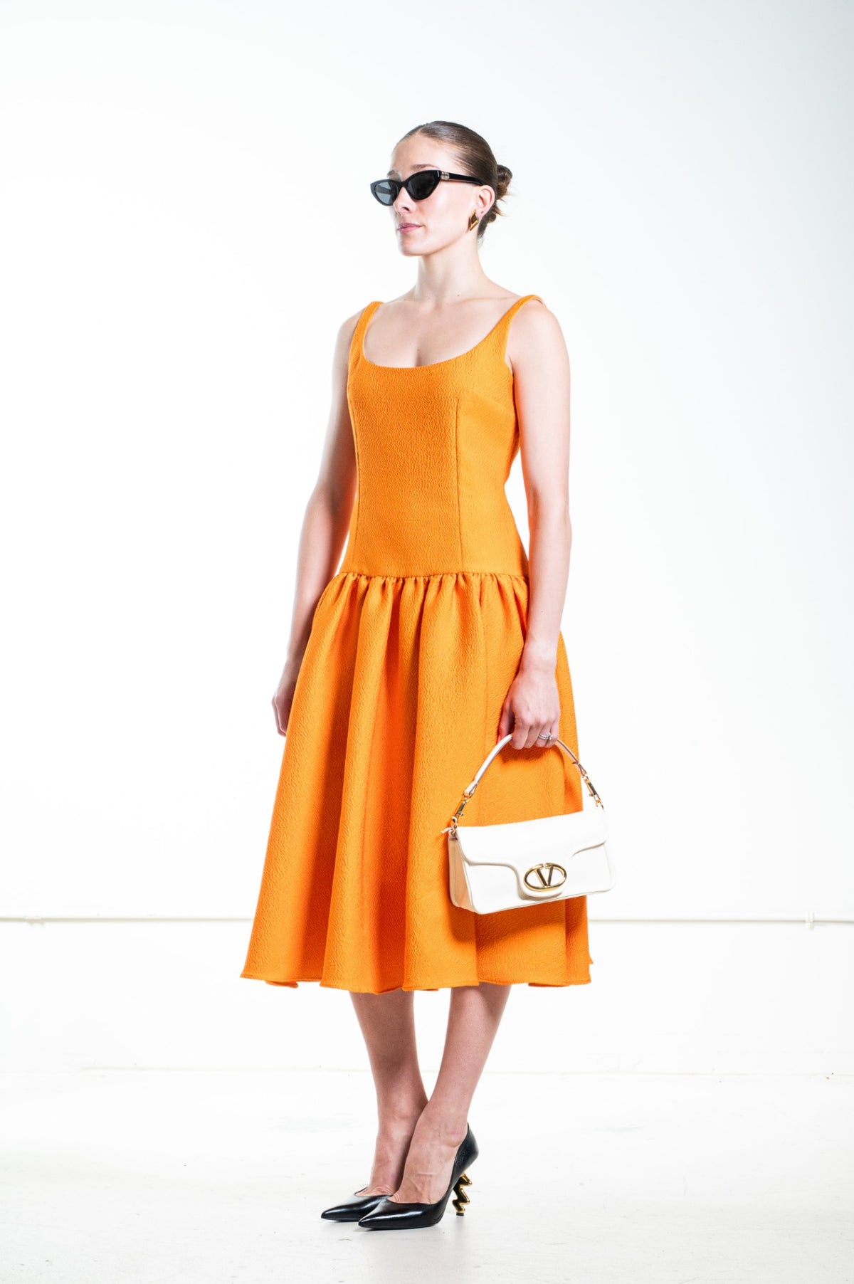 Orange Textured Drop Wait Midi Dress