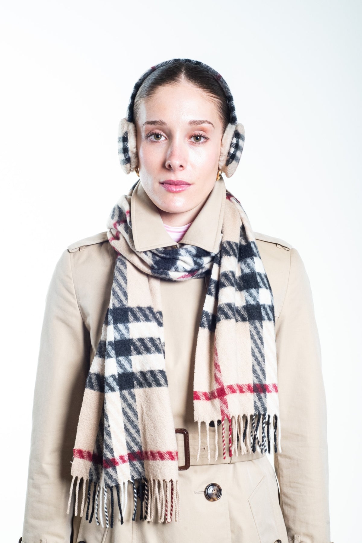 Beige, Black, Red Classic Check Earmuffs
