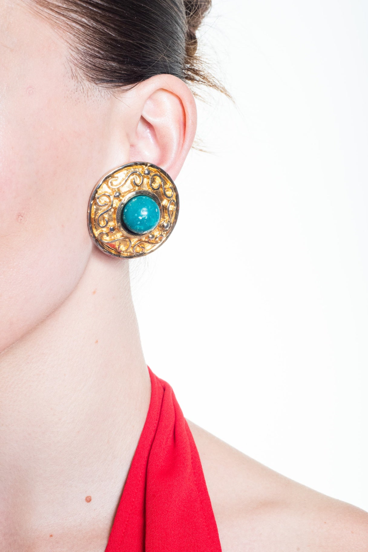 Gold Vintage Clip Earrings with Turquoise Resin Cabochons